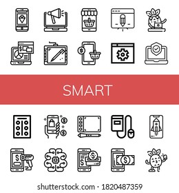 Conjunto de iconos inteligentes. Tales como teléfono, portátil, tablet gráfica, móvil, tablet, configuraciones, tablets, pago móvil, inteligencia artificial, pago por smartphone, Ebook , iconos inteligentes