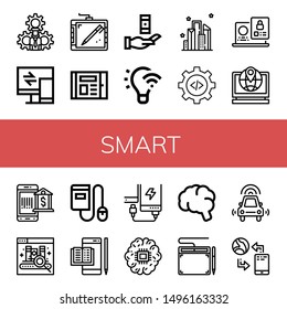 Set of smart icons such as Settings, Responsive, Graphic tablet, Ebook, Knowledge, Light control, City, Laptop, Payment method, Power bank, Brain, Autonomous car, Communication , smart