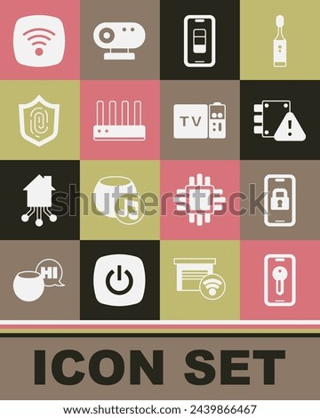 Set Smart key, Digital door lock, House under protection, Smartphone battery charge, Router and wi-fi signal, Fingerprint, Wi-Fi wireless internet network and Multimedia TV box receiver icon. Vector