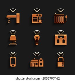 Ponga la bombilla inteligente, hogar con inalámbrico, cerradura de combinación segura, báscula de baño, smartphone inalámbrico, lámpara de mesa, radiador de calefacción e icono del grifo de agua. Vector