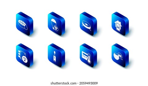 Set Smart light bulb, Robot vacuum cleaner, Mobile with smart home, Voice assistant, Thermostat, Electric toothbrush, Digital door lock and Water sensor icon. Vector