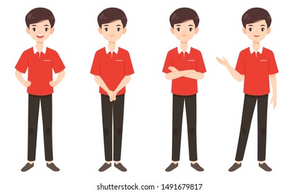 Set Of Smart Man In Red Shirt, Confidence Teenager Character, Vector Cartoon Illustration