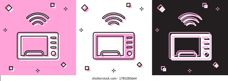 Set Smart microwave oven system icon isolated on pink and white, black background. Home appliances icon. Internet of things concept with wireless connection. Vector