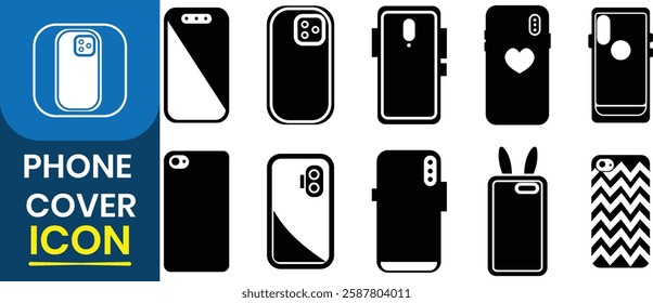 Set of smart phone case icon. Glass crash protection. Screen protection for mobile phone cover. Mock up, cover icon. Vector illustration.