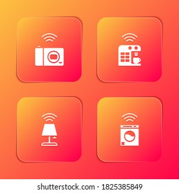 Set Smart photo camera, coffee machine, table lamp and washer icon. Vector.