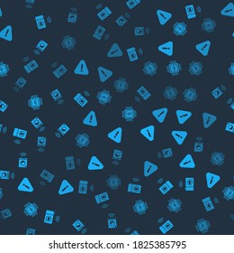 Set Smart photo camera, Exclamation mark in triangle, Processor with microcircuits CPU and washer on seamless pattern. Vector.
