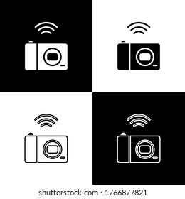 Set Smart photo camera system icon isolated on black and white background. Internet of things concept with wireless connection. Vector