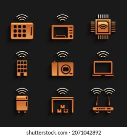 Set Smart photo camera, warehouse, Router and wi-fi signal, Wireless laptop, refrigerator, home with wireless, Processor microcircuits CPU and tablet icon. Vector