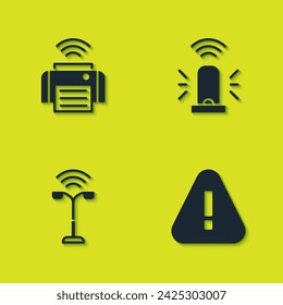Set Smart printer, Exclamation mark triangle, street light and flasher siren icon. Vector
