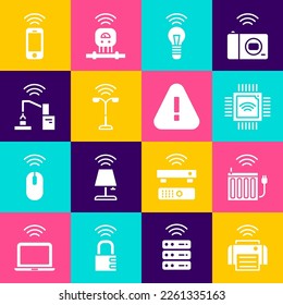 Set Smart printer, heating radiator, Processor with microcircuits CPU, light bulb, street, Robotic robot arm hand factory, Wireless smartphone and Exclamation mark triangle icon. Vector