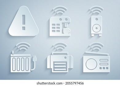 Set Smart printer, stereo speaker, heating radiator, radio, coffee machine and Exclamation mark triangle icon. Vector