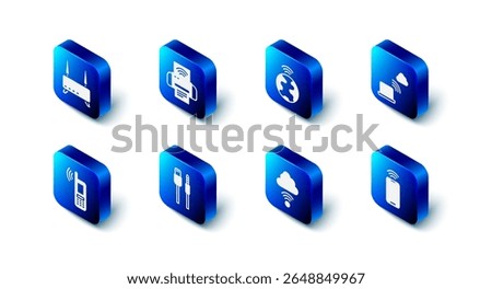 Set Smart printer system, Global technology, Network cloud connection, Mobile with wi-fi wireless, USB cable cord,  and Router and signal icon. Vector