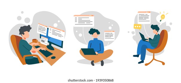 set of smart programmer coding or studying on laptop and computer. programming, Freelance, working, chatting and get idea sitting on the chair. concept Flat vector cartoon illustration