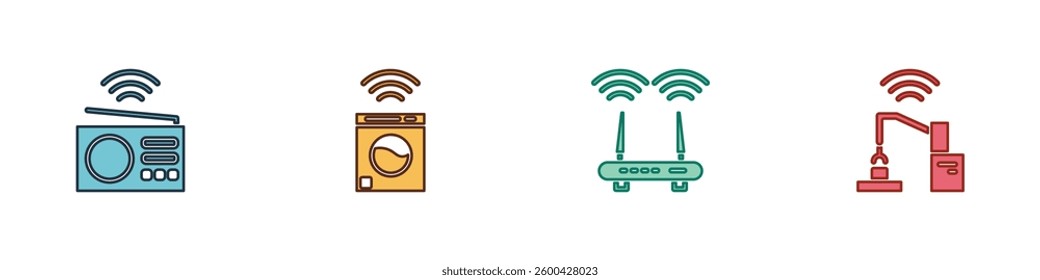 Set Smart radio, washer, Router and wi-fi signal and Robotic robot arm hand factory icon. Vector