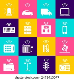 Set Smart radio, Wireless antenna, smartphone, truck, server, keyboard, flasher siren and bathroom scales icon. Vector