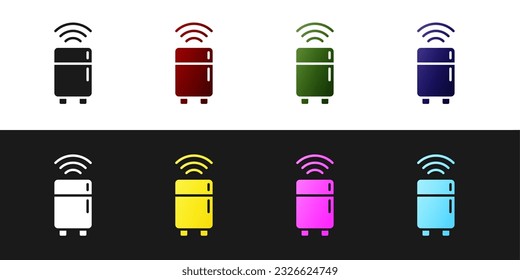 Set Smart refrigerator icon isolated on black and white background. Fridge freezer refrigerator. Internet of things concept with wireless connection.  Vector