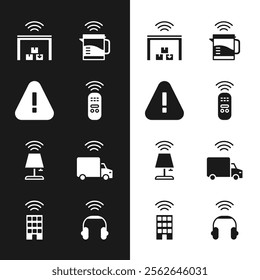 Set Smart remote control, Exclamation mark in triangle, warehouse, electric kettle, table lamp, truck, headphones and home with wireless icon. Vector