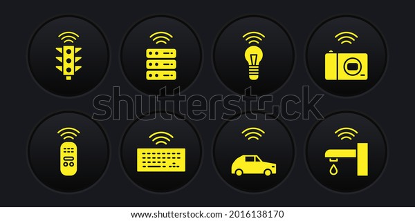 Set Smart remote control, photo camera, Wireless\
keyboard, car system with wireless, light bulb, server, water tap\
and traffic icon. Vector
