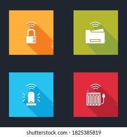 Set Smart safe combination lock, printer, flasher siren and heating radiator icon. Vector.