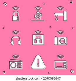 Set Smart safe combination lock, Wireless antenna, water tap, headphones, bathroom scales, photo camera, radio and Exclamation mark triangle icon. Vector