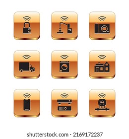 Set Smart safe combination lock, Wireless smartphone, TV box receiver, washer, truck, photo camera, sensor and Robotic robot arm hand factory icon. Vector