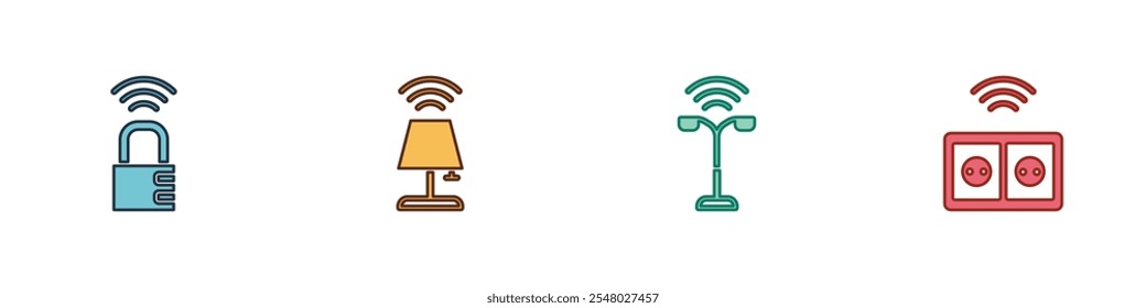 Set Smart safe combination lock, table lamp, street light and electrical outlet icon. Vector