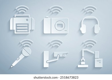 Set Smart security camera, headphones, Wireless microphone, Robotic robot arm hand factory, photo and printer icon. Vector