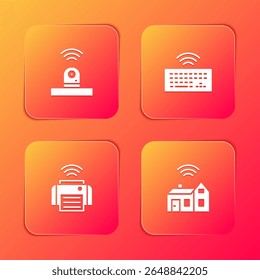 Defina Câmera de segurança inteligente, Teclado wireless, impressora e residência com ícone wireless. Vetor