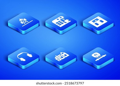 Set Smart sensor, Antenna, House, Headphones, Coffee machine and Bathroom scales icon. Vector