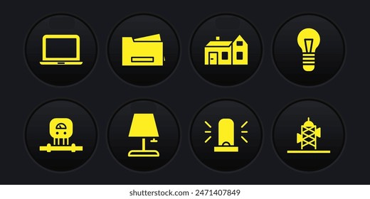 Set Smart sensor, Light bulb, Table lamp, Flasher siren, House, Printer, Antenna and Laptop icon. Vector