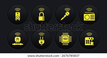 Set Smart sensor, radio, electric plug, Processor with microcircuits CPU, Wireless microphone, safe combination lock, coffee machine and stereo speaker icon. Vector