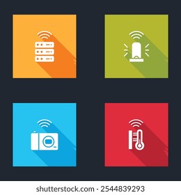 Set Smart server, flasher siren, photo camera and thermometer icon. Vector