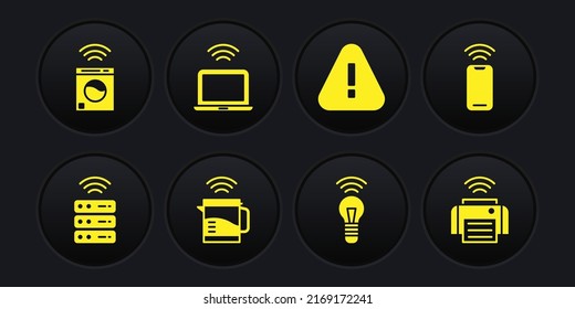 Set Smart server, Wireless smartphone, electric kettle, light bulb, Exclamation mark in triangle, laptop, printer and washer icon. Vector
