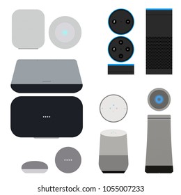 Set of smart speakers with voice control interface. User interface smart speaker vector illustration. Technology device internet of things, smart house. The concept of popular assistants.