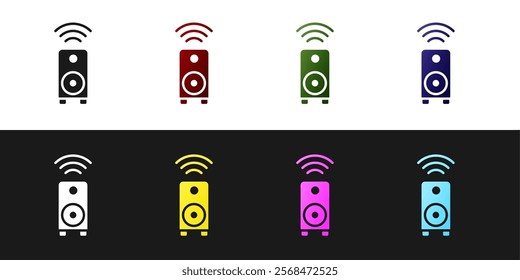 Set Smart stereo speaker system icon isolated on black and white background. Sound system speakers. Internet of things concept with wireless connection.  Vector