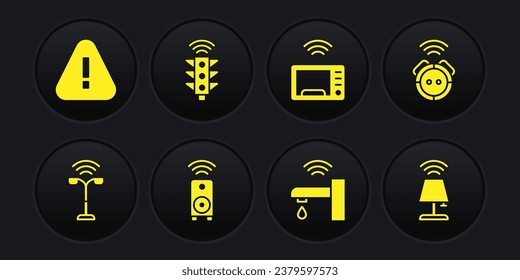 Set Smart street light, Robot vacuum cleaner, stereo speaker, water tap, microwave oven, traffic, table lamp and Exclamation mark in triangle icon. Vector