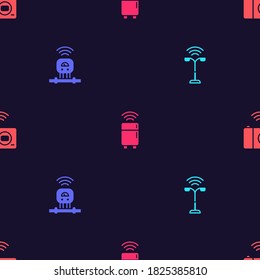 Set Smart street light, sensor, refrigerator and photo camera on seamless pattern. Vector.