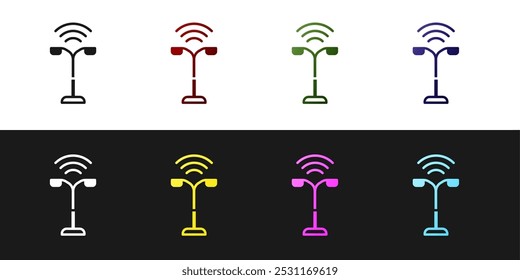 Set Smart street light system icon isolated on black and white background. Internet of things concept with wireless connection.  Vector