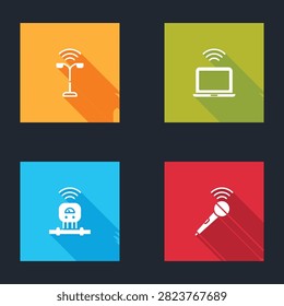 Set Smart street light, Wireless laptop, sensor and microphone icon. Vector