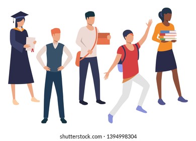 Set of smart students of college. Collection of young men and women attending university. Vector illustration can be used for educational video, presentation, advertisement