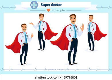 Set of smart super doctor presenting in various action, isolated on white background. Different gestures. Flat cartoon style. Character set in various poses. confident man. Red superhero cloak