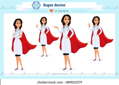 Set of smart super doctor presenting in various action, isolated on white background. Different gestures. Flat cartoon style. Character set in various poses. beautiful woman. Red superhero cloak