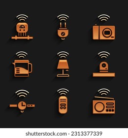 Set Smart table lamp, remote control, radio, security camera, Smartwatch, electric kettle, photo and sensor icon. Vector