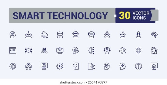 Set of Smart Technology line icons. Related to smart systems, robotic, futuristic, algorithm, ai, intelligent, science, software. Flat UI icon design. Vector illustration in modern line style.