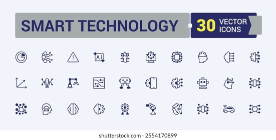 Set of Smart Technology line icons. Related to smart systems, robotic, futuristic, algorithm, ai, intelligent, science, software. Flat UI icon design. Vector illustration in modern line style.
