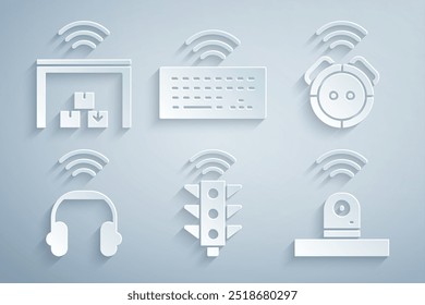 Set Smart traffic light, Robot vacuum cleaner, headphones, security camera, Wireless keyboard and warehouse icon. Vector