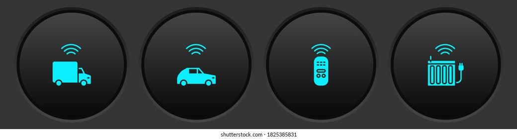 Set Smart truck, car system with wireless, remote control and heating radiator icon. Vector.