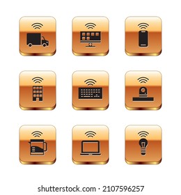 Set Smart truck, electric kettle, Wireless laptop, keyboard, home with wireless, smartphone, light bulb and Tv system icon. Vector