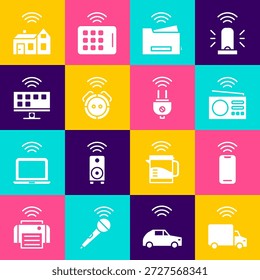 Camión inteligente, teléfono inteligente inalámbrico, radio, impresora, aspirador robot, sistema de televisión, hogar con icono de enchufe inalámbrico y eléctrico. Vector
