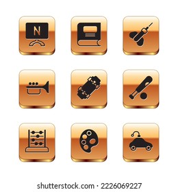 Set Smart Tv, Abacus, Palette, Skateboard, Trumpet, Dart arrow, Radio controlled car toy and Book icon. Vector
